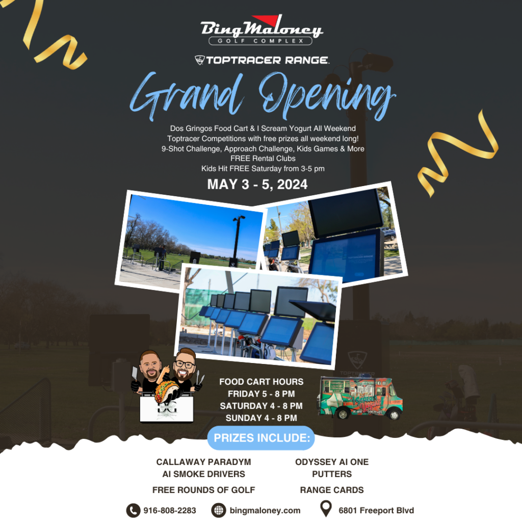Grand Opening Flyer with photos of Toptracer Range at Bing Maloney